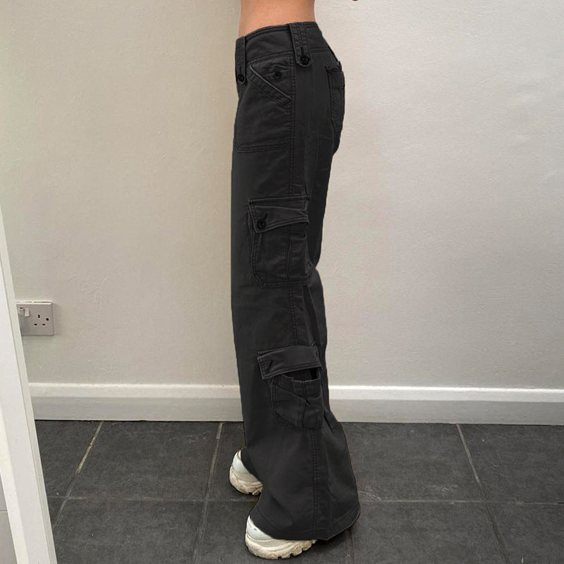 Damen nan hohe Taille Cargo-Hose mit geradem Bein, mehrfachen Klappentaschen und markanten Knopfdetails Echo Archiv