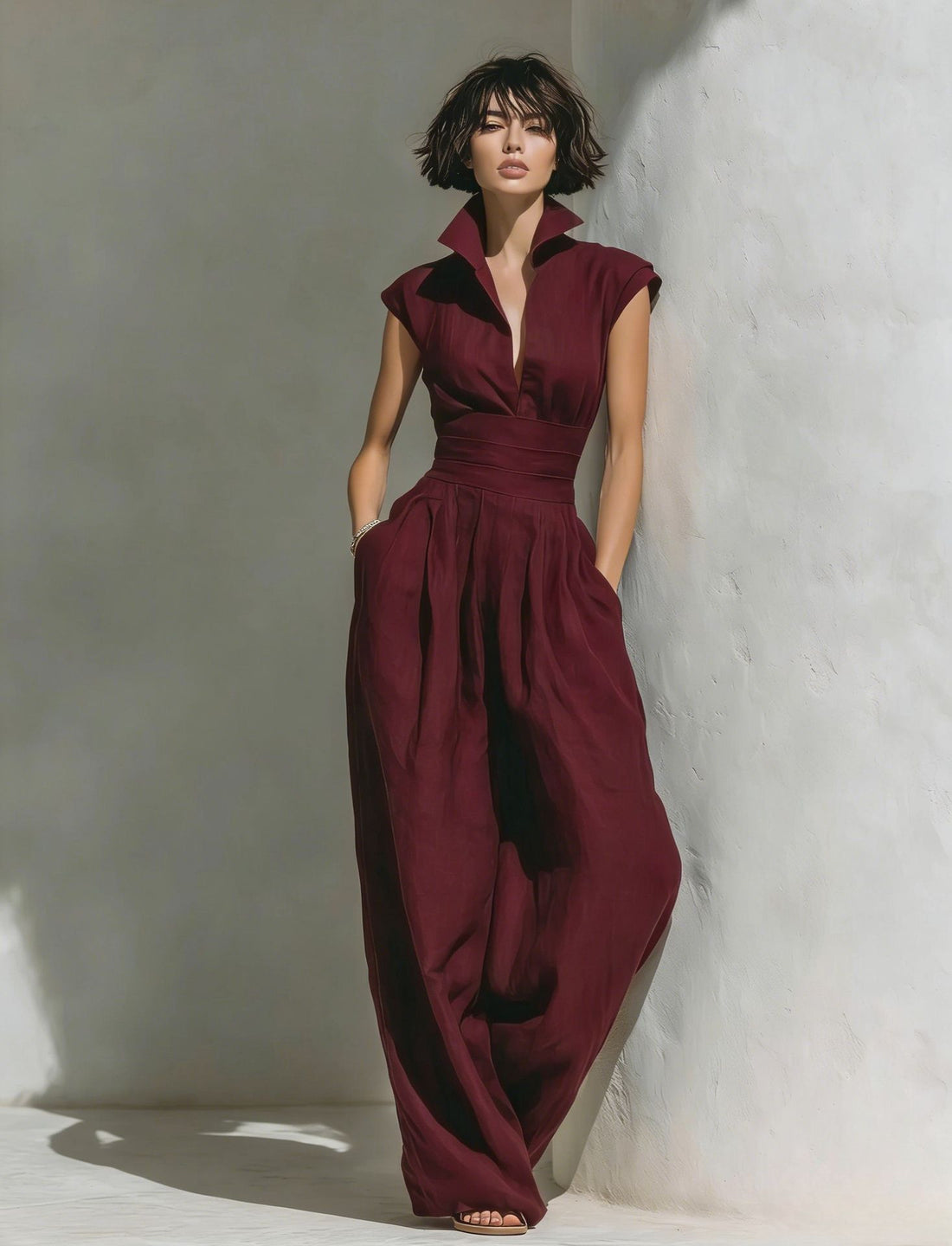 Damen Jumpsuit mit weitem Bein, tailliertem Wickelbund und Stehkragen Echoarchiv