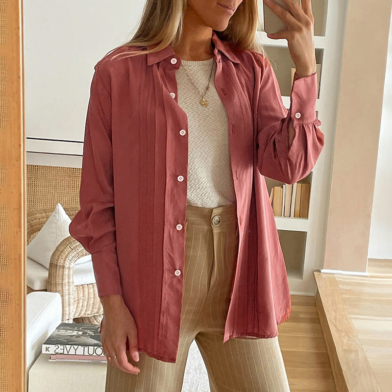 Damen Plissierte Tunika-Bluse mit Hemdkragen und lockerer A-Linien-Silhouette Echoarchiv