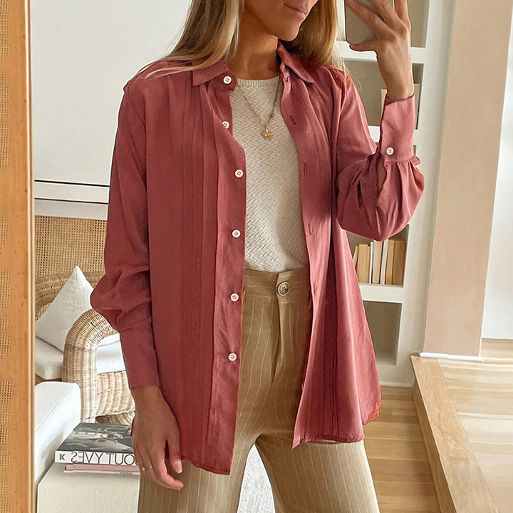 Damen Plissierte Tunika-Bluse mit Hemdkragen und lockerer A-Linien-Silhouette Echoarchiv