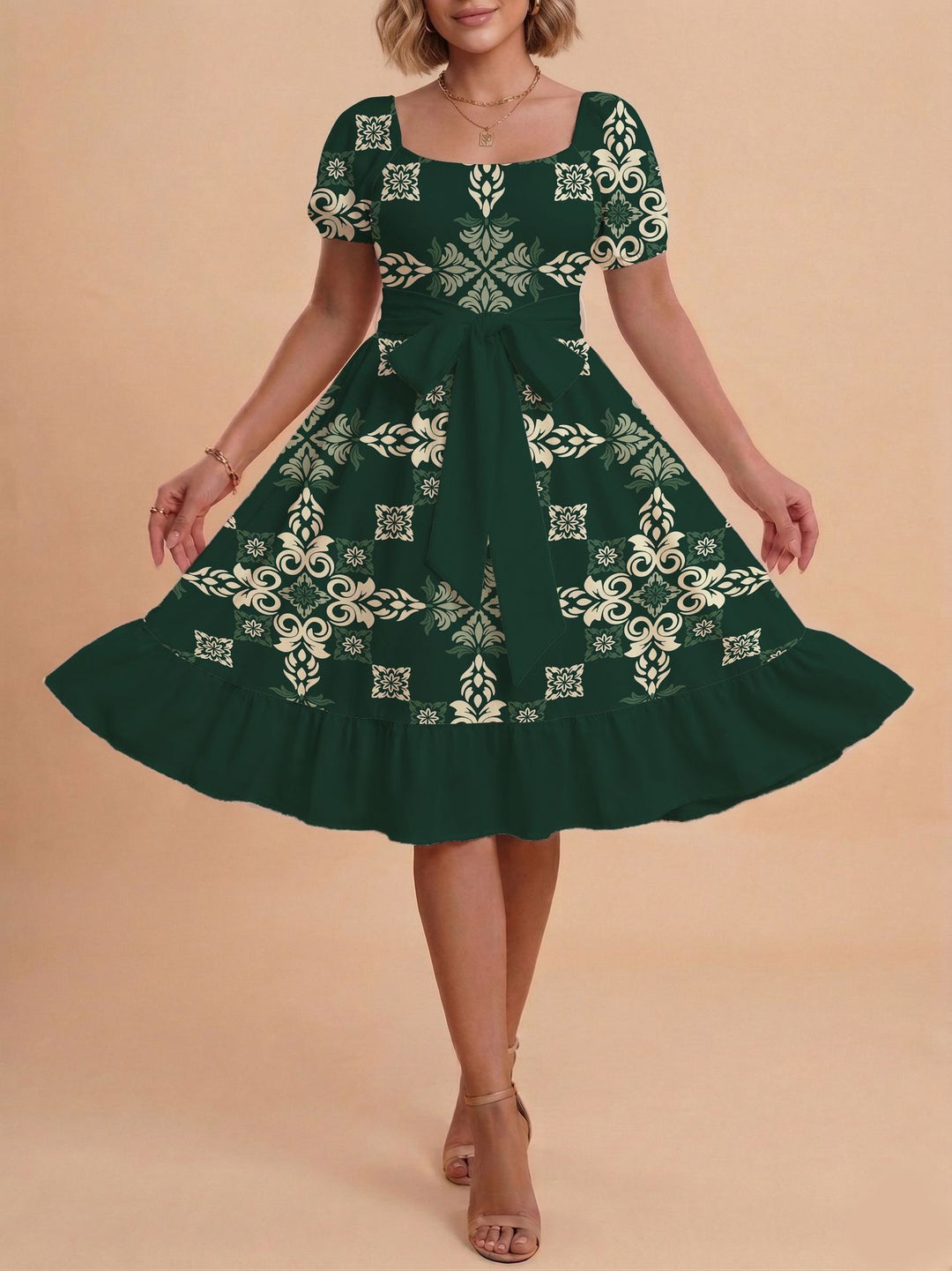 Damen Retro Maxikleid mit Puffärmeln und Taillengürtel Echo Archiv