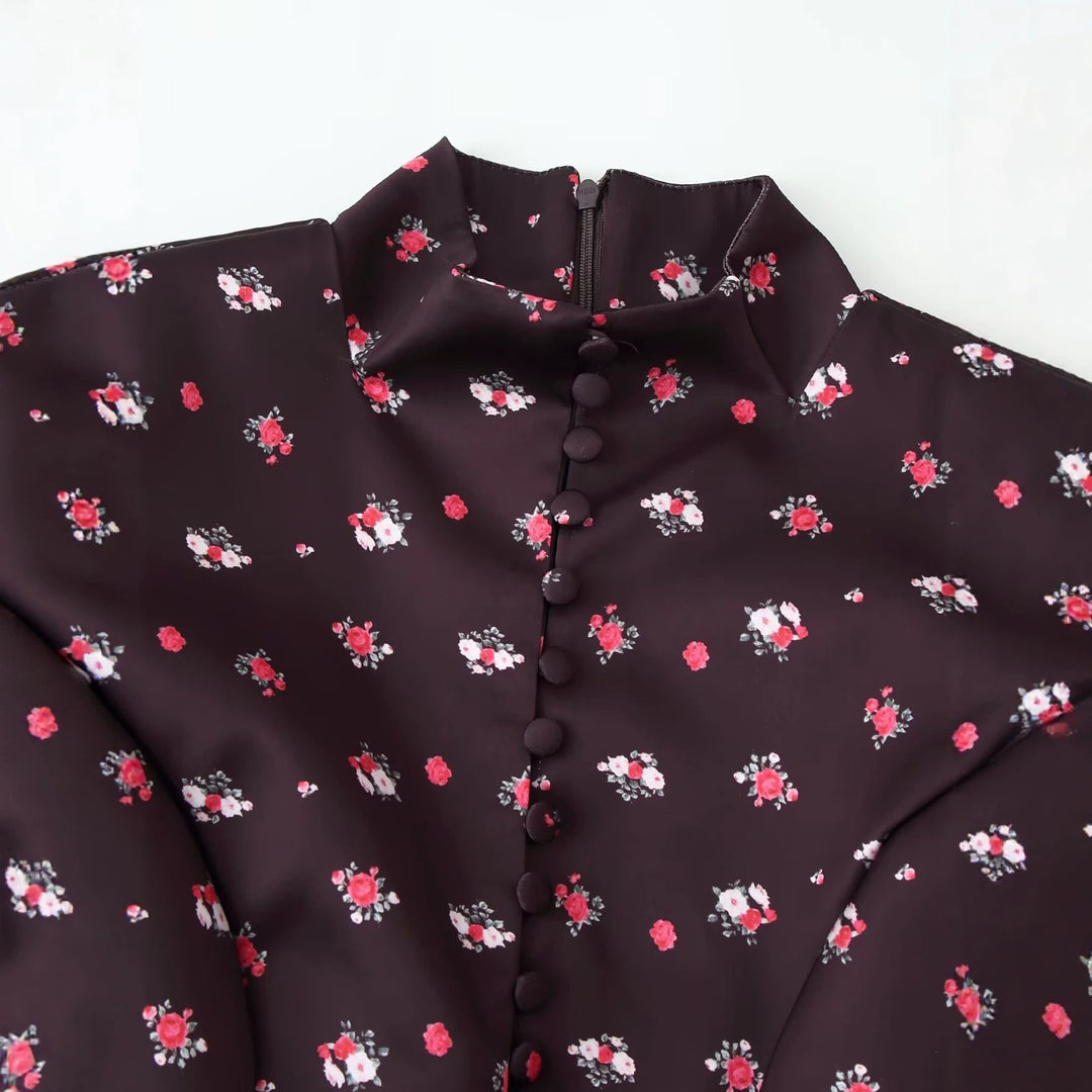 Damen Langärmliges Maxikleid mit Stehkragen, durchgehender Knopfleiste und floralem Alloverprint Echo Archiv