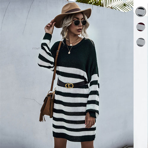 Damen Strickkleid im Oversize-Look mit Blockstreifen und geripptem Saum Echoarchiv