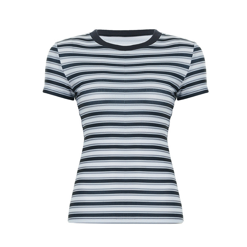Damen figurbetontes gestreiftes T-Shirt mit Rundhalsausschnitt Echo Archiv