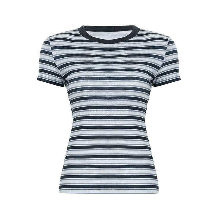 Damen figurbetontes gestreiftes T-Shirt mit Rundhalsausschnitt Echo Archiv