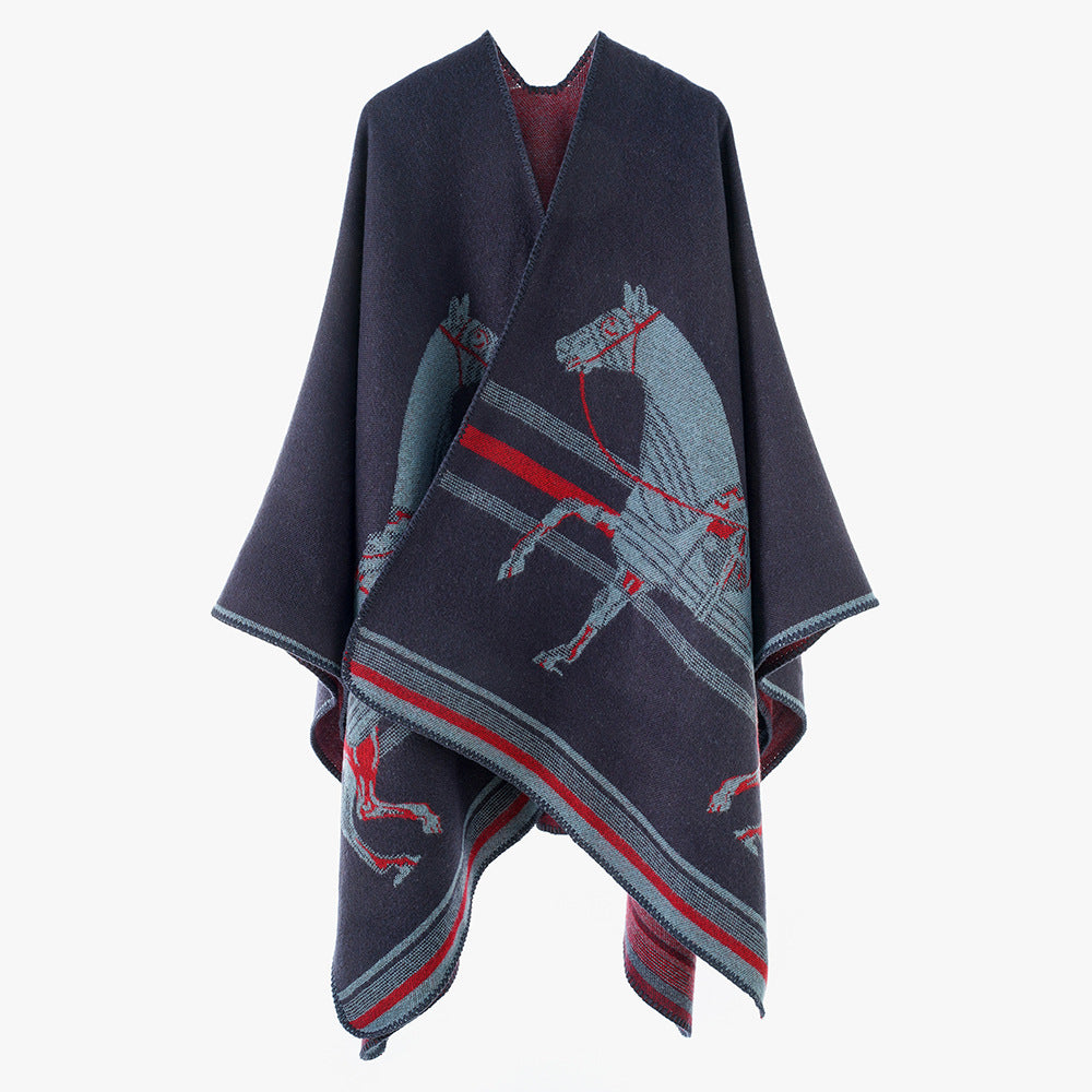Damen Poncho-Cape aus Wollmix mit gewebtem Pferde-Jacquard und kontrastkettelung – Avérine