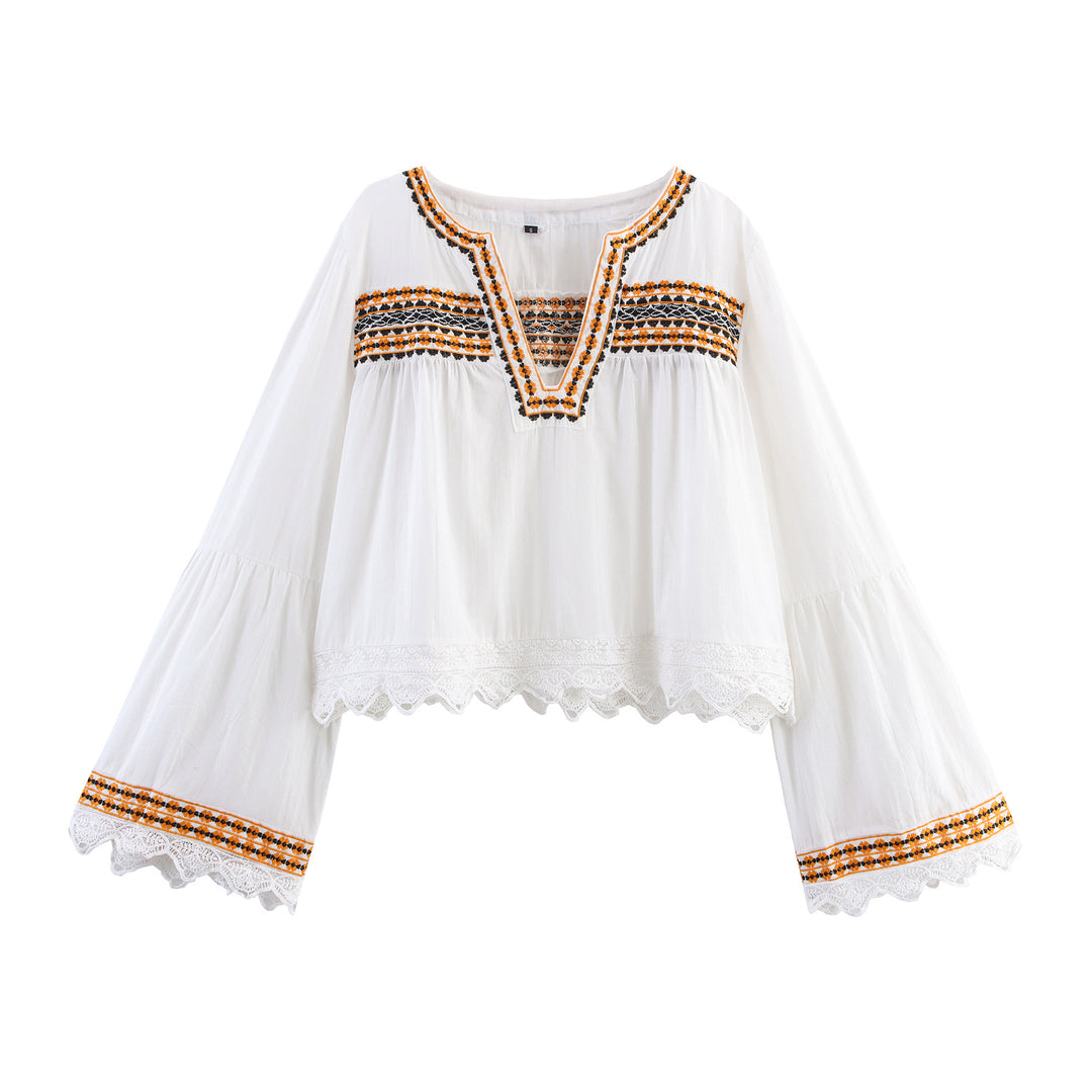 Damen Bestickte Boho-Bluse mit weiten Glockenärmeln und Spitzensaum Echoarchiv
