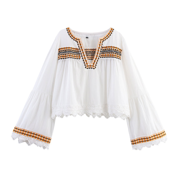 Damen Bestickte Boho-Bluse mit weiten Glockenärmeln und Spitzensaum Echoarchiv