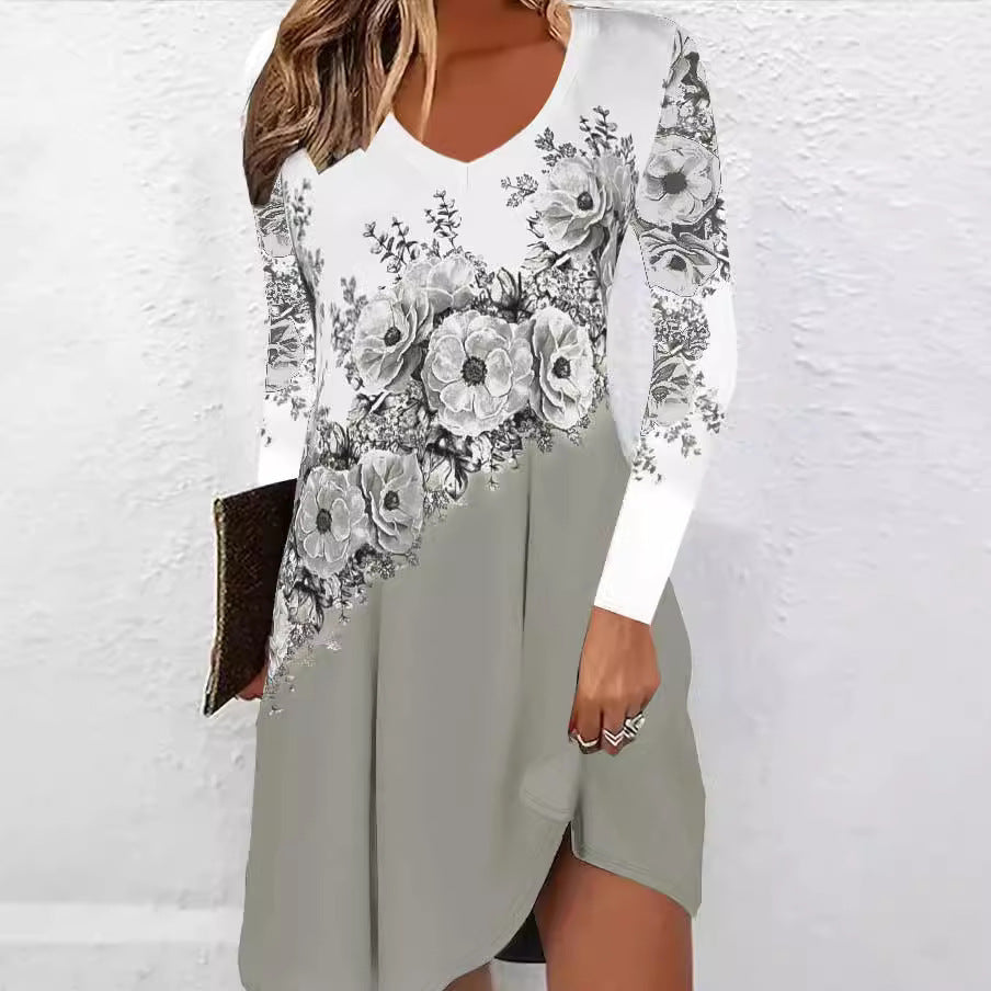 Damen Vokuhila-Kleid mit V-Ausschnitt, langen Ärmeln, floraler Diagonal-Print und seitlichem Schlitz Echoarchiv