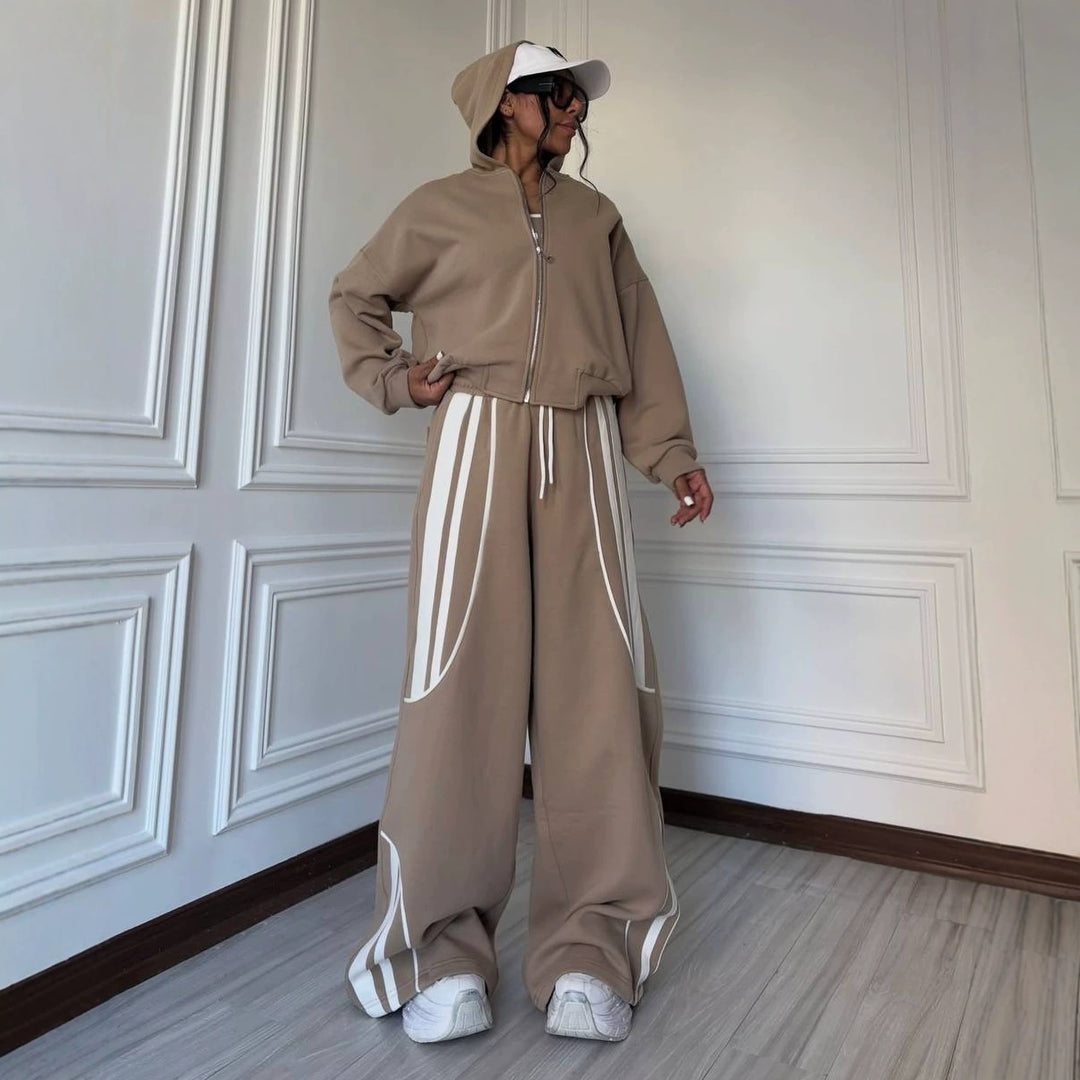 Damen Oversize Kapuzen-Sweatjacke mit Reißverschluss und weitem Trackpant-Set – Auréline