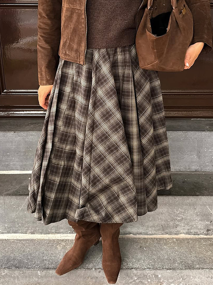 Damen Karierter Midirock mit weitem Tellerfalten‑Schnitt und hoher Taille Echoarchiv