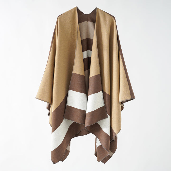 Damen Oversize-Ruana im Cape‑Stil aus Wolloptik mit geometrischen Blockstreifen Echo Archiv
