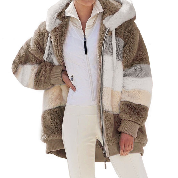 Damen nan Oversize Teddyfell-Kapuzenjacke mit Farbblock-Streifen, hochwertigem Reißverschluss und gerippten Bündchen Echo Archiv