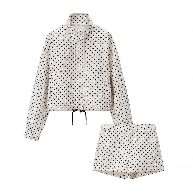 Damen Zweiteiliges Gepunktetes Blazer- und Shorts-Set mit Volumenärmeln und hoher Taille Echo Archiv