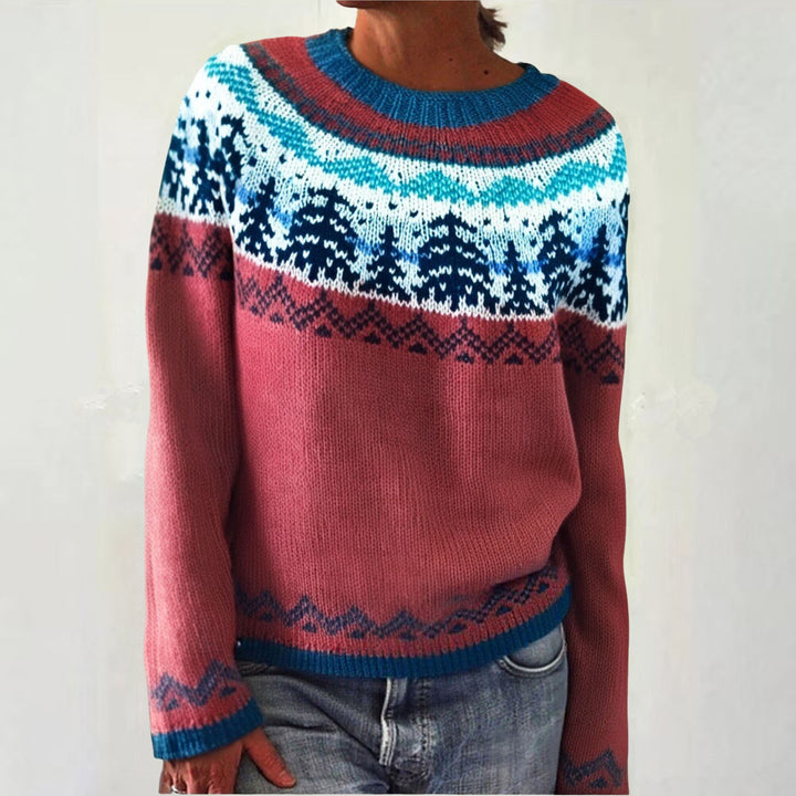 Damen nan melierter Rundhalsausschnittpullover mit kreisförmigem Jacquard-Yoke und geripptem Saum Echo Archiv