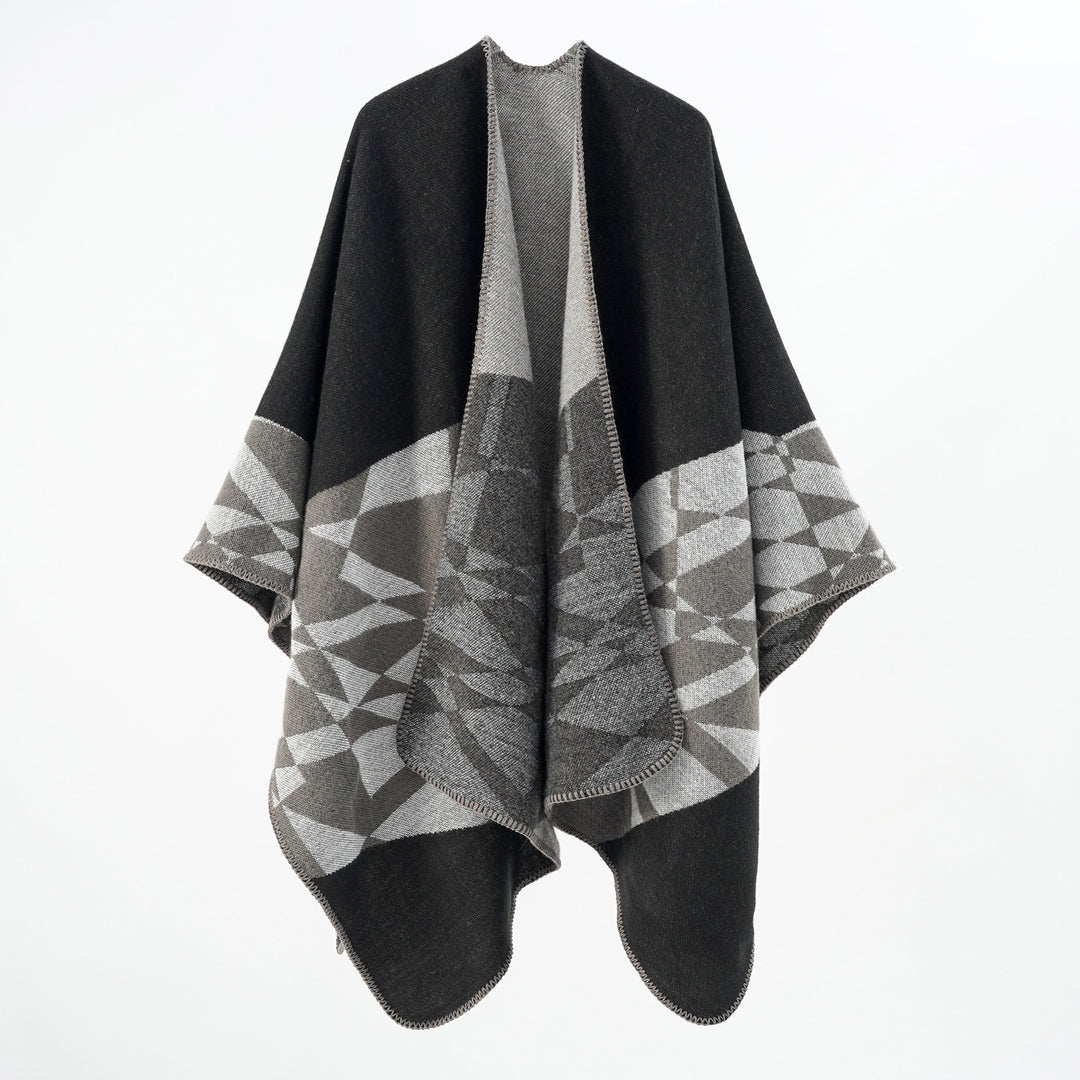 Damen Großer Strickponcho im Cape‑Schnitt mit Ziernaht und geometrischem Intarsia – Veloura