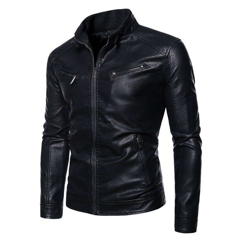 Herren Slim-Fit Kunstleder-Bikerjacke mit Stehkragen, Reißverschlusstaschen und weichem Innenfutter Echo Archiv