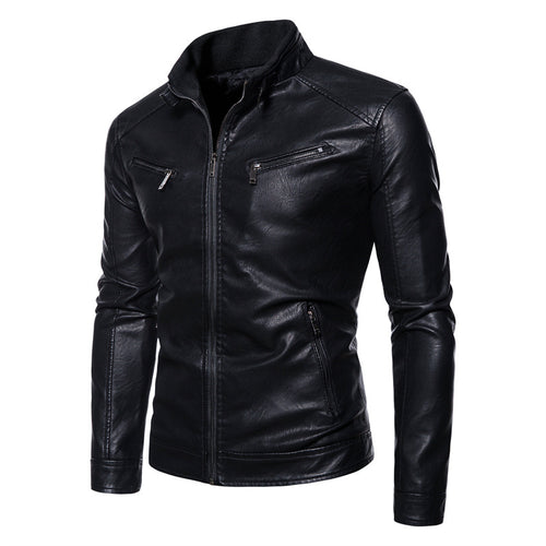 Herren Slim-Fit Kunstleder-Bikerjacke mit Stehkragen, Reißverschlusstaschen und weichem Innenfutter Echo Archiv