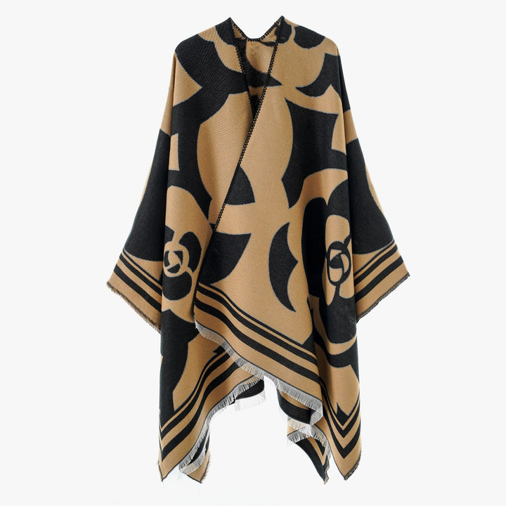 Damen Grobgewebter Jacquard-Überwurf mit großflächigem Ornamentmuster und Zierfransen – Avérine