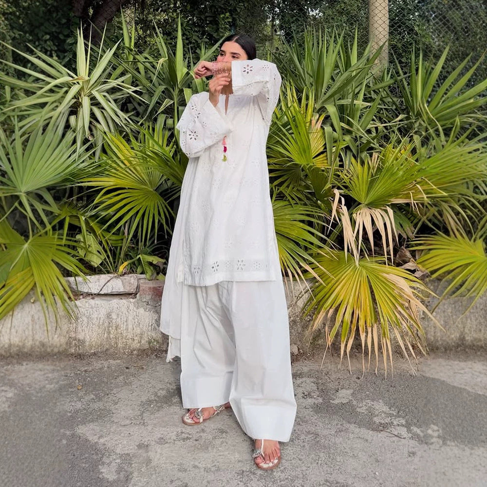 Damen Lockertes Tunika-Set mit Broderie Anglaise und weiten Pluderhosen Echoarchiv