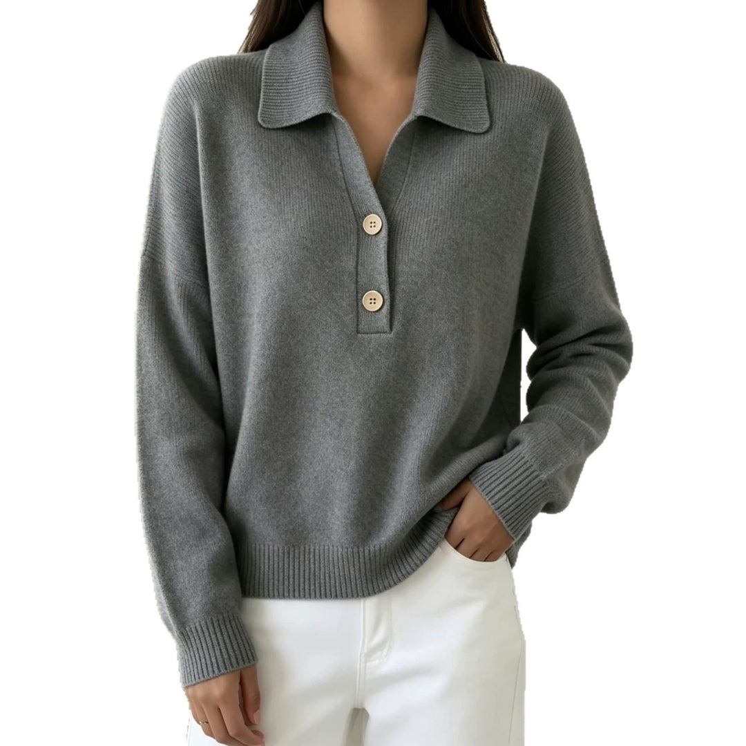 Damen Polokragen-Pullover mit halber Knopfleiste und geripptem Saum – Mavelle
