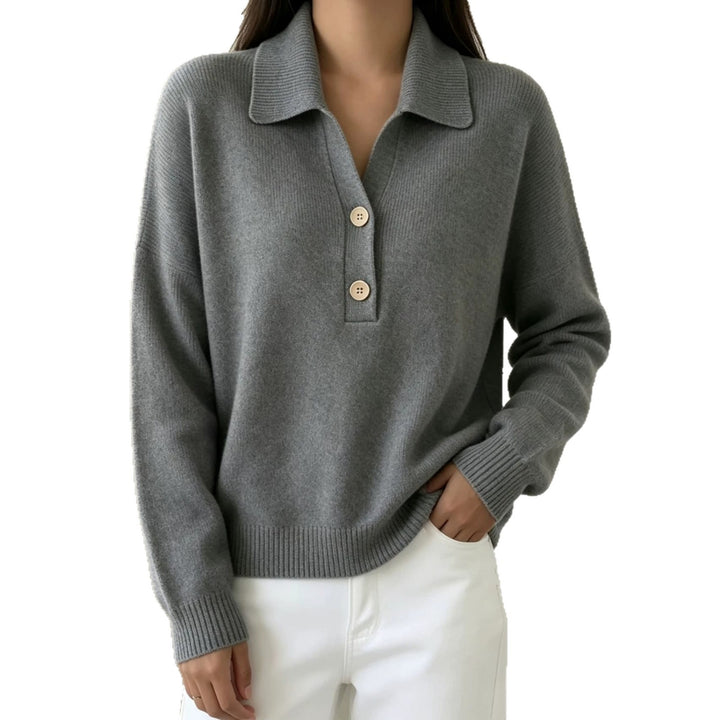 Damen Polokragen-Pullover mit halber Knopfleiste und geripptem Saum – Mavelle