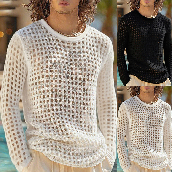 Herren nan luftiger durchbrochener Strickpullover mit quadratischem Netzmuster und Rundhalsausschnitt Echo Archiv