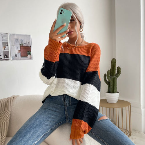Damen Oversize Strickpullover mit schrägem Carmen-Ausschnitt und breiten Farbblöcken Echoarchiv