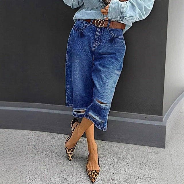 Damen Hochtaillierte Denim-Culotte mit Destroyed-Einsätzen und rohem Saum Echo Archiv