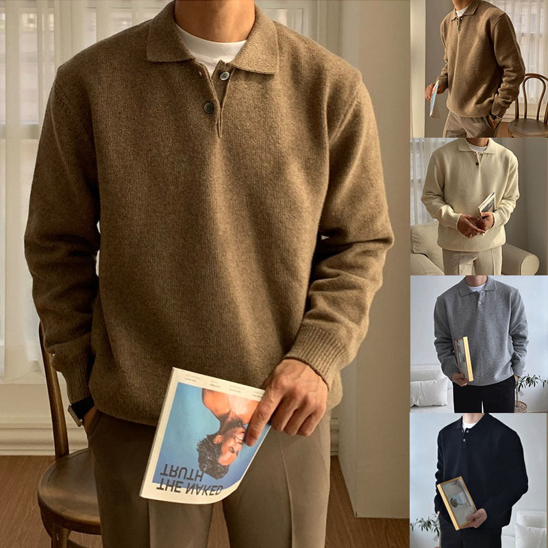 Herren Eleganter Strickpullover mit Stehkragen und Knopfleiste Echoarchiv