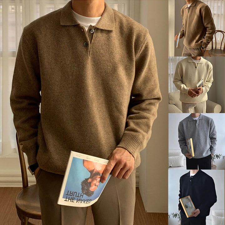 Herren Eleganter Strickpullover mit Stehkragen und Knopfleiste Echoarchiv