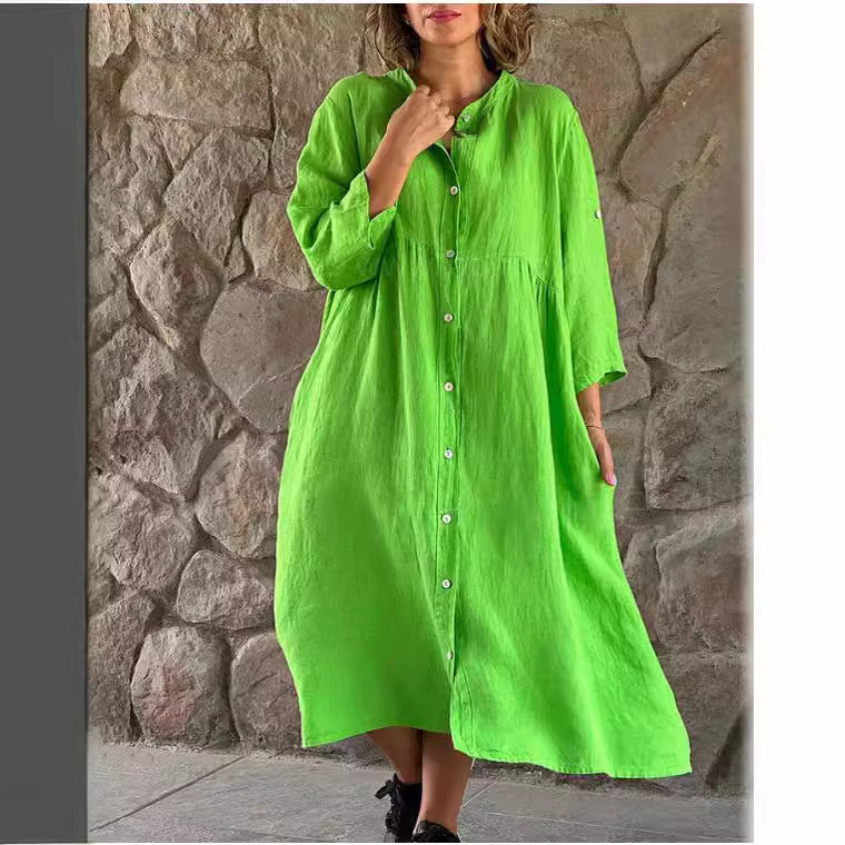 Damen Locker Midi Kleid aus Leinenmischung mit durchgehendem Knopfleiste und Seitentaschen – Élara