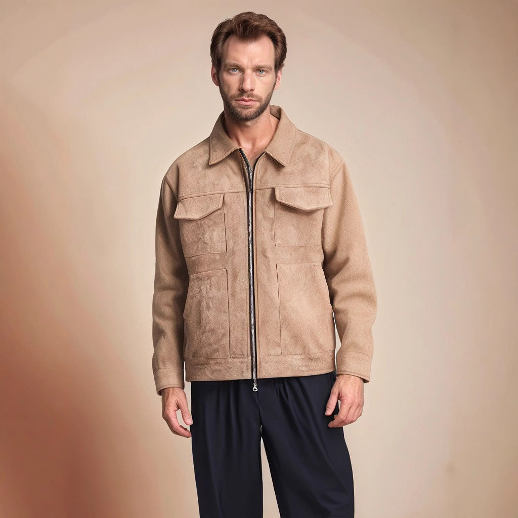 Herren modische Suede-Jacke mit aufgesetzten Taschen Echoarchiv