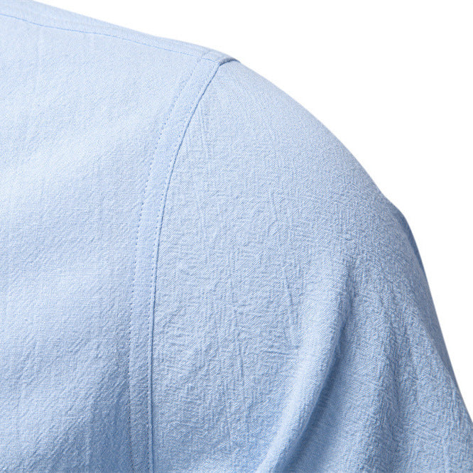 Herren nan lässiges Kurzarmshirt mit Stehkragen, halber Knopfleiste und leicht strukturierter Baumwoll-Leinen-Qualität Echo Archiv