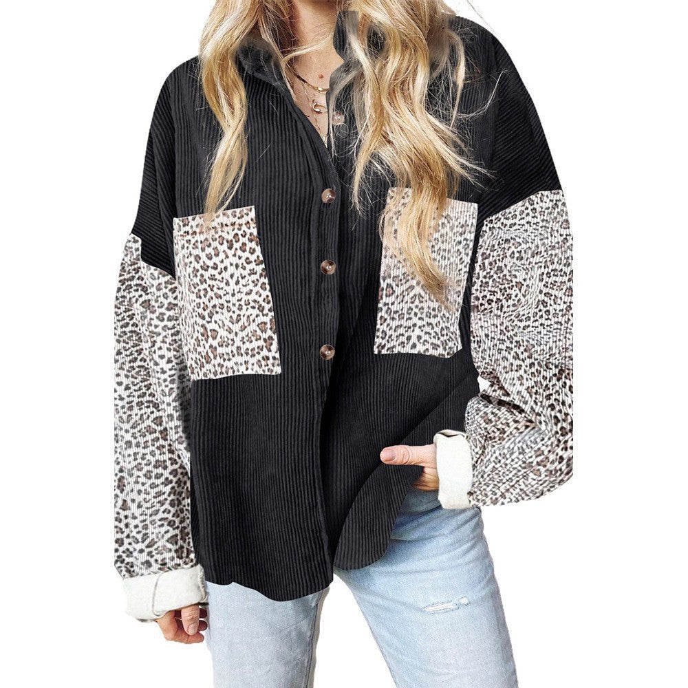 Damen Oversize-Cordhemd mit durchgehender Knopfleiste, Leo-Kontrastärmeln und aufgesetzten Taschen – Maréline