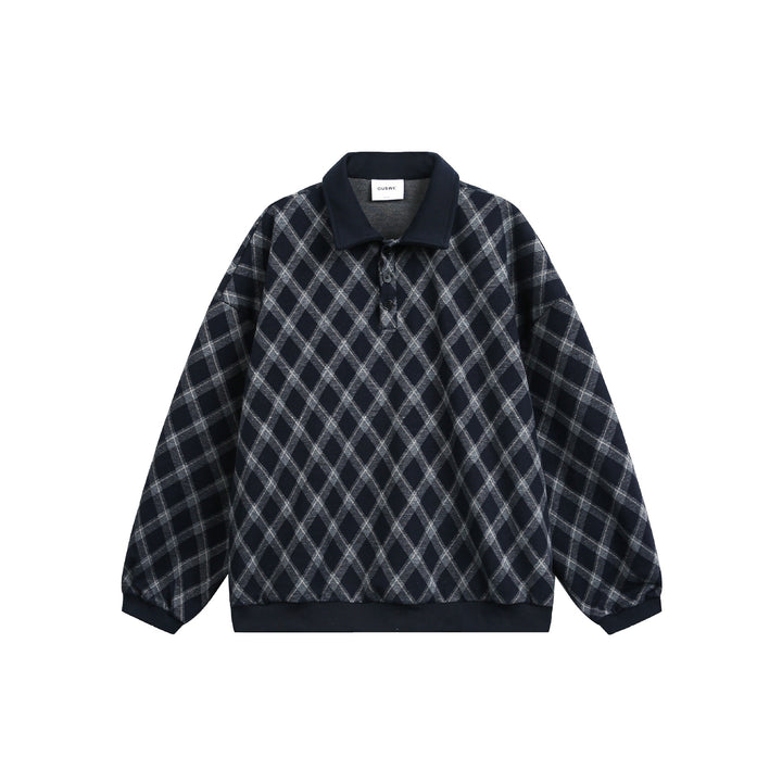 Damen Karierter Oversize‑Polo‑Pullover mit Halbknopfleiste und Rippbündchen Echoarchiv