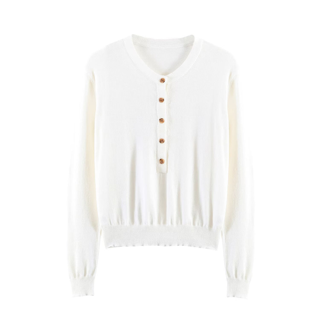 Damen Feiner Strickpullover mit Henley-Knopfleiste, V-Ausschnitt und gerafftem Bund Echo Archiv