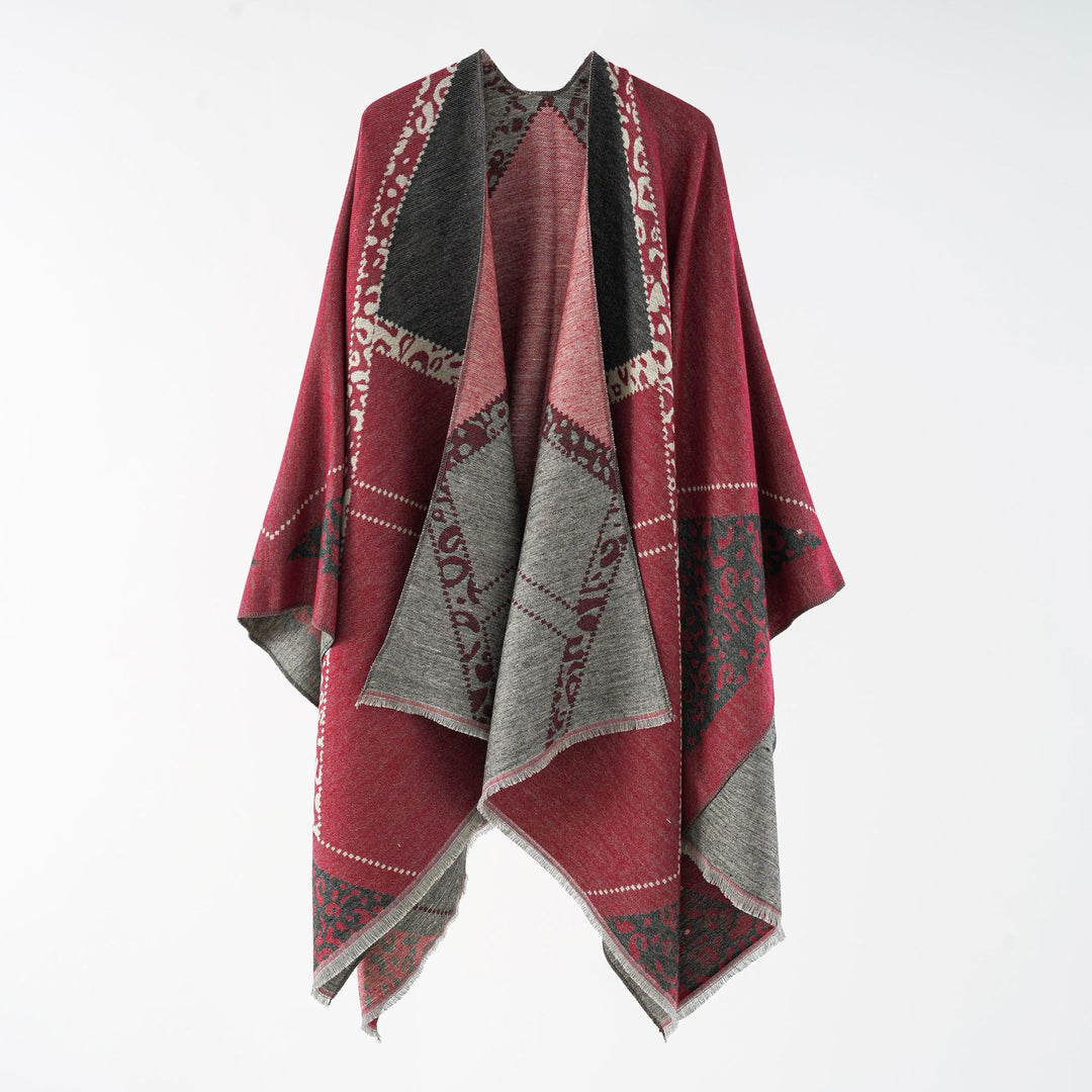 Damen Oversize Cape-Überwurf mit jacquardgewebten Patchmotiven und Fransensaum Echo Archiv