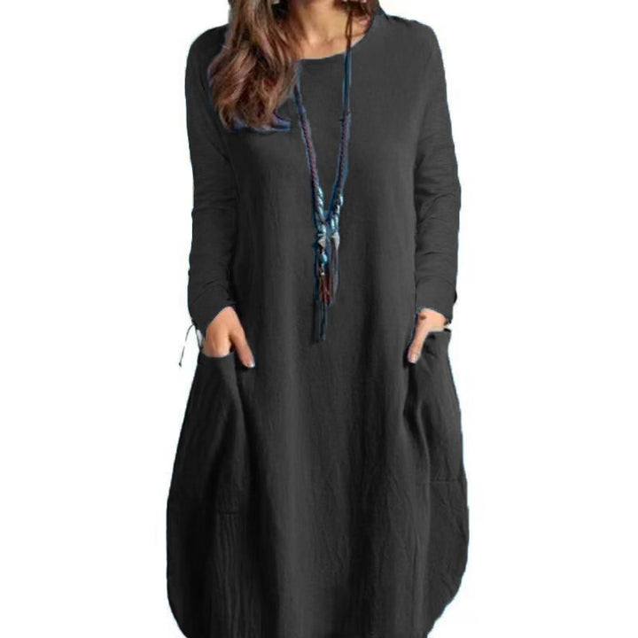 Damen Langes A‑Linien Leinenoptik Kleid mit Eingrifftaschen und Rundhalsausschnitt Echoarchiv