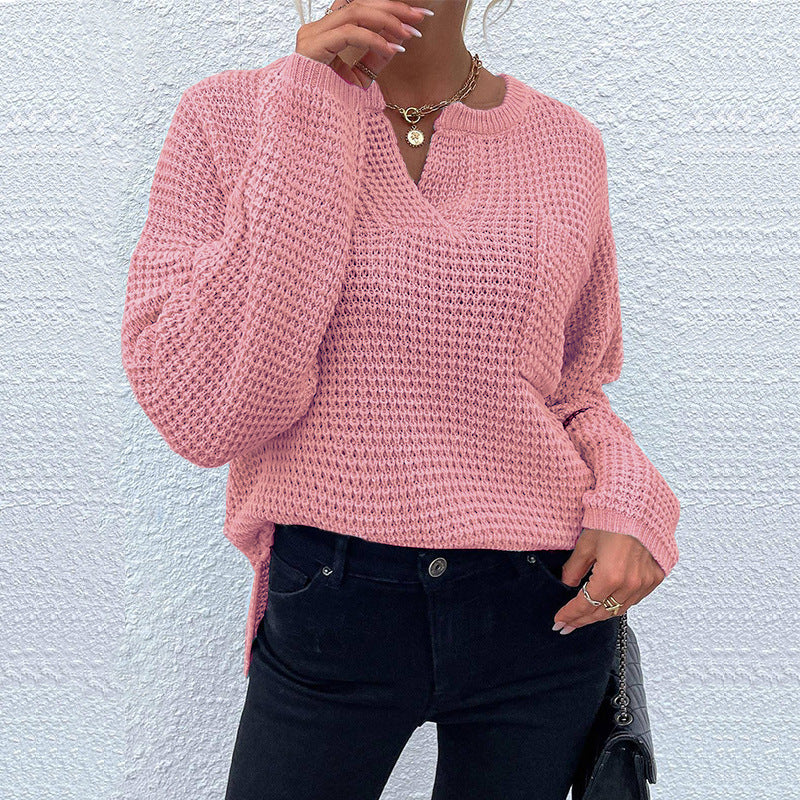 Damen Waffelstrick-Pullover mit V-Schlitz, oversized Schnitt und Ballonärmeln Echo Archiv