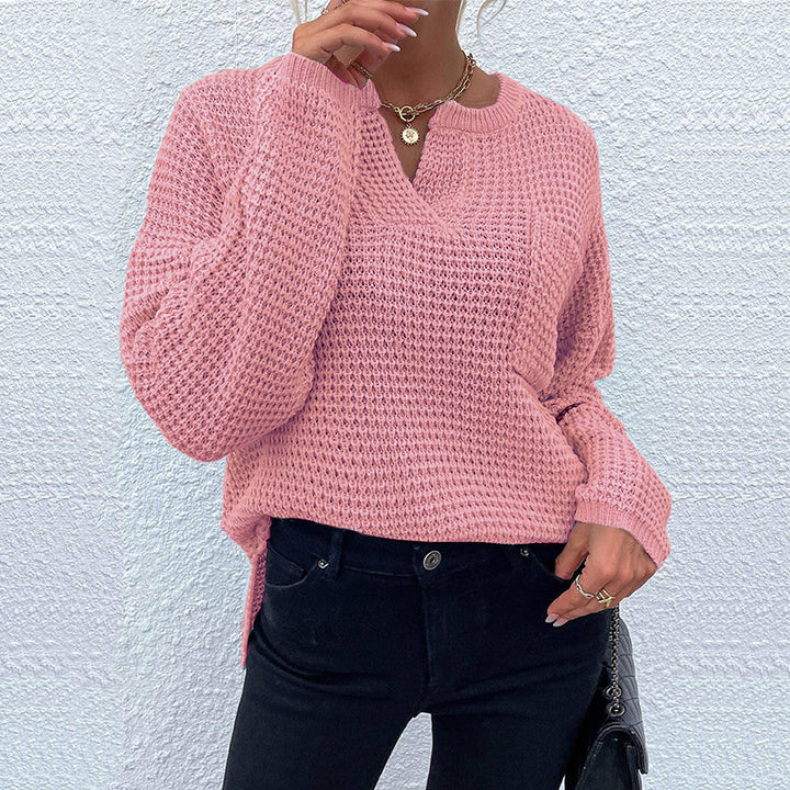 Damen Waffelstrick-Pullover mit V-Schlitz, oversized Schnitt und Ballonärmeln Echo Archiv