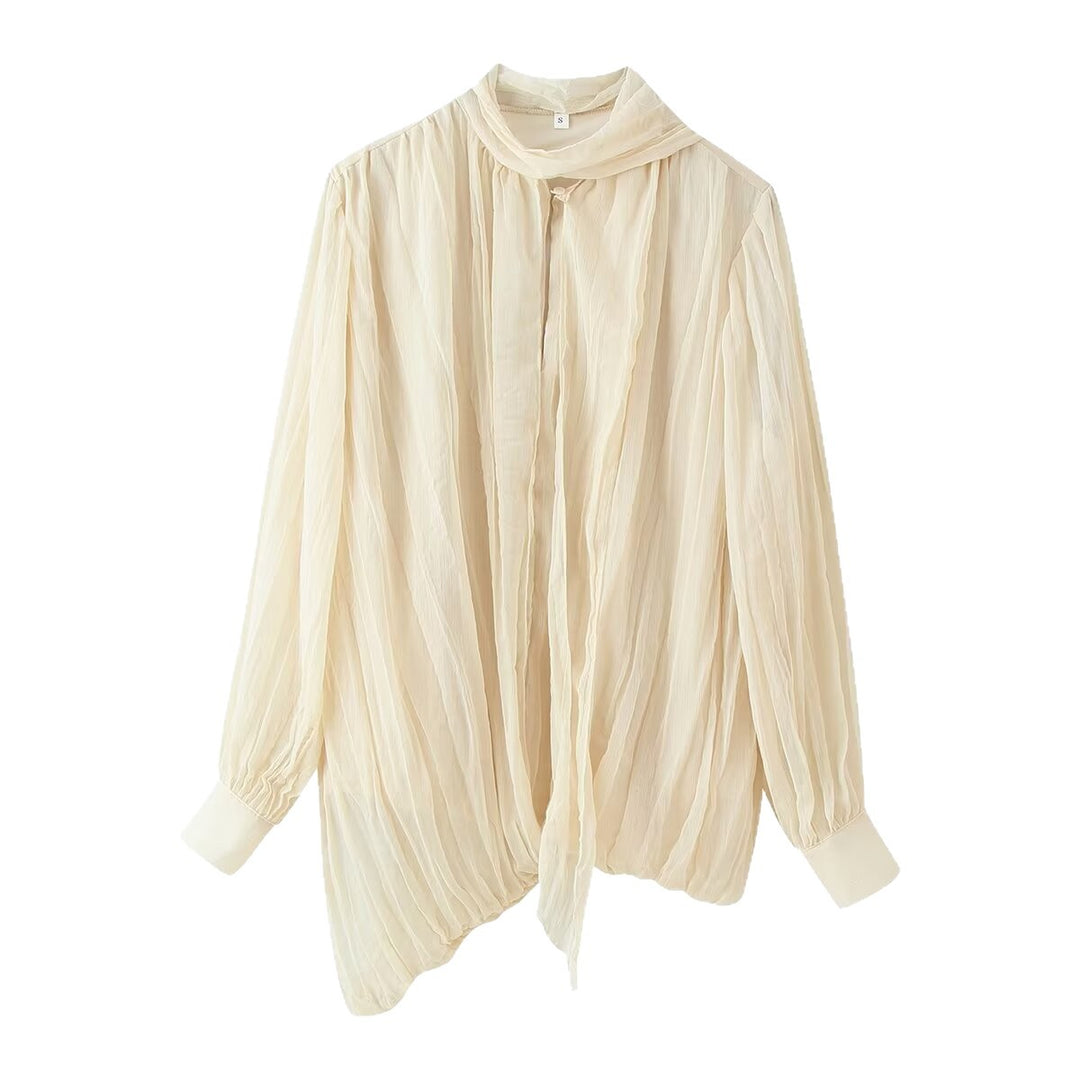 Damen Fließende Chiffon‑Plissee‑Bluse mit Schluppe und Manschetten Echoarchiv