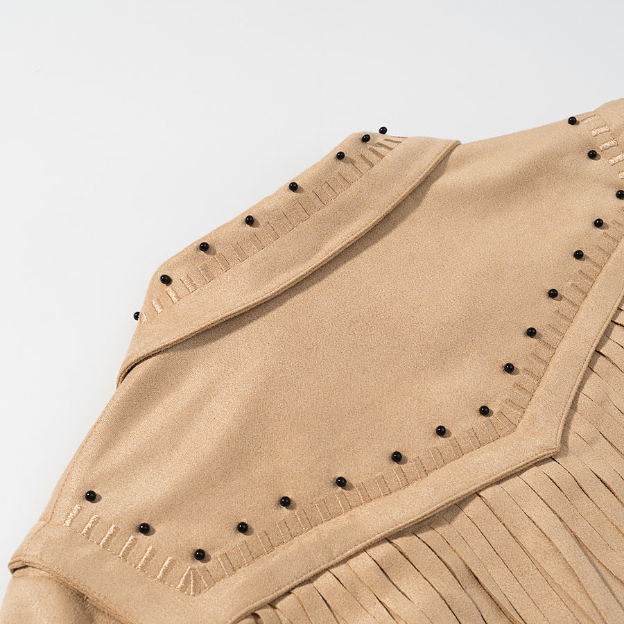 Damen Kurze Fransen-Suedejacke im Westernstil mit Nietenbesatz und Frontreißverschluss Echo Archiv