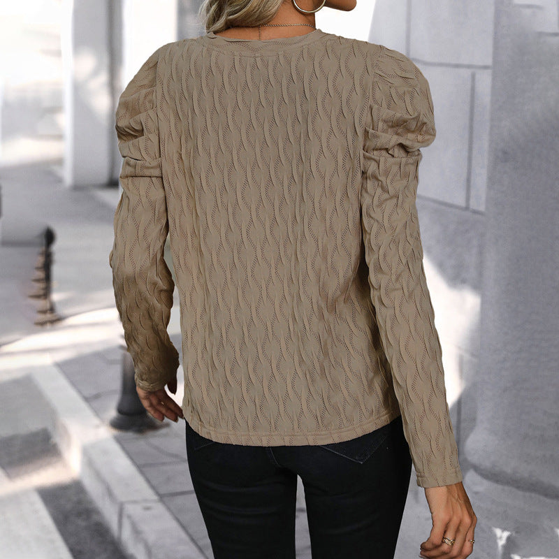 Damen Feinstrickpullover mit V-Ausschnitt und gerafften Ballonärmeln Echoarchiv