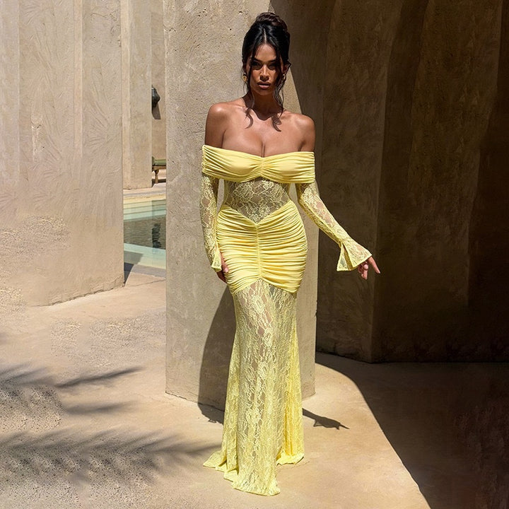 Damen Elegantes Langarm-Spitzenkleid mit Raffungen und schulterfreiem Design Echo Archiv