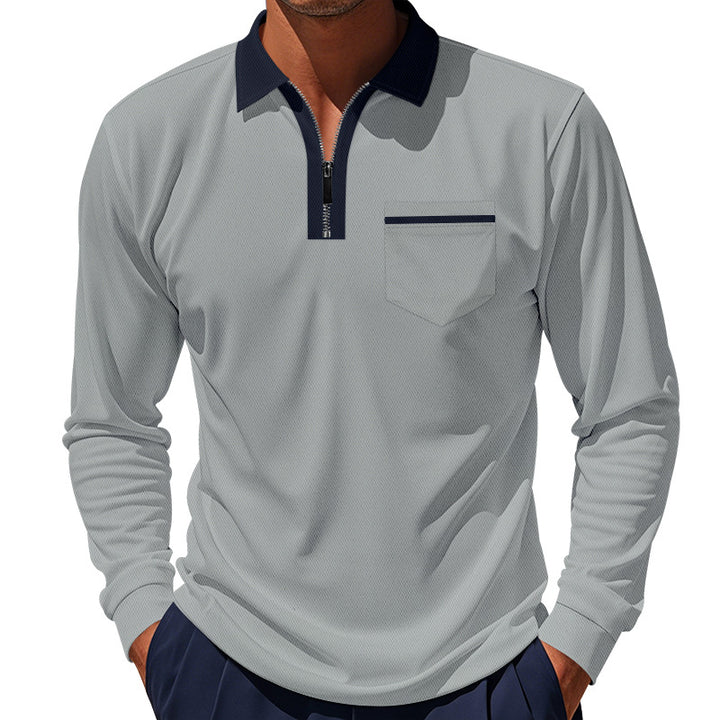Herren nan langärmeliges Zip-Poloshirt mit Brusttasche und Kontrastkragen Echo Archiv
