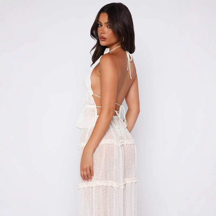 Damen Langärmliges Maxikleid mit elegantem Rüschen-Design und transparentem Stoff Echo Archiv
