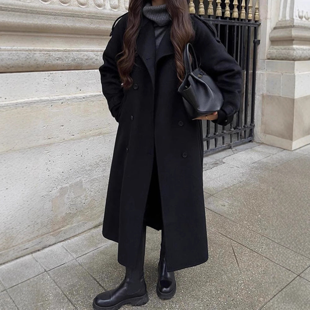 Damen Oversize Wollmantel mit breitem Reverskragen und Taillengürtel Echoarchiv