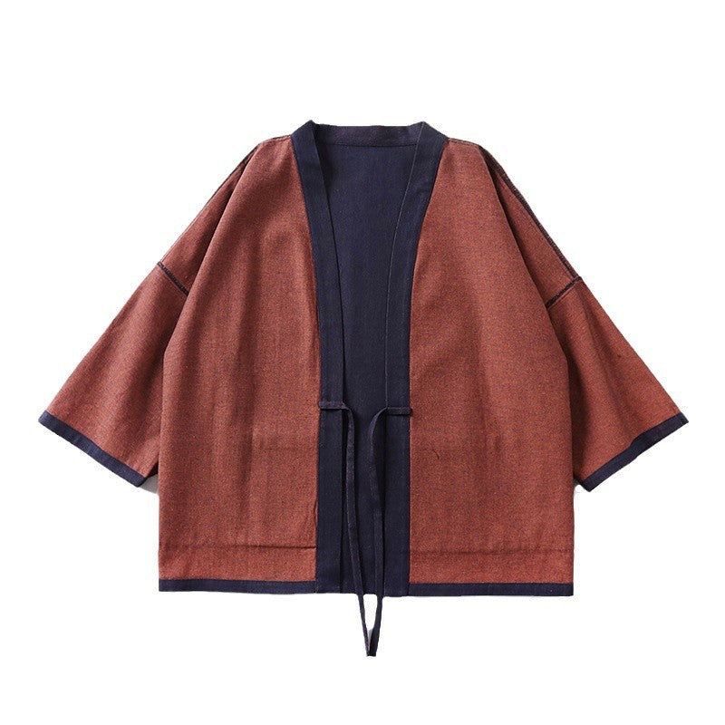 Unisex weit geschnittene Kimono-Jacke aus Baumwoll-Denim mit Bindeband und großen Aufgesetzten Taschen Echoarchiv