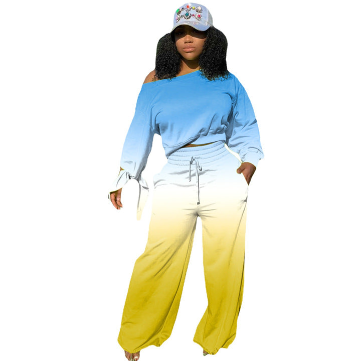 Damen Zweiteiliges Lounge-Set mit Off-Shoulder Crop-Sweatshirt, Bindärmeln und High‑Waist Palazzohose – Élanora